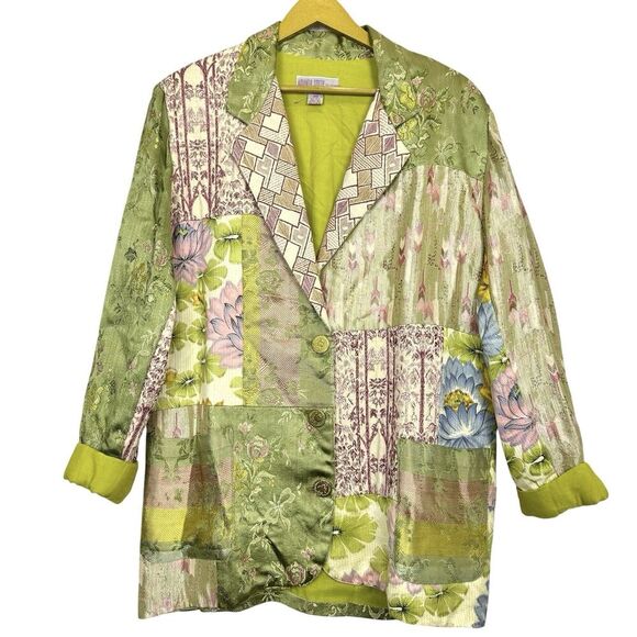 Amanda Smith Patchwork Satin Blazer Jacket Size M Green Crest Boho Lagenlook Y2K - Picture 1 of 8